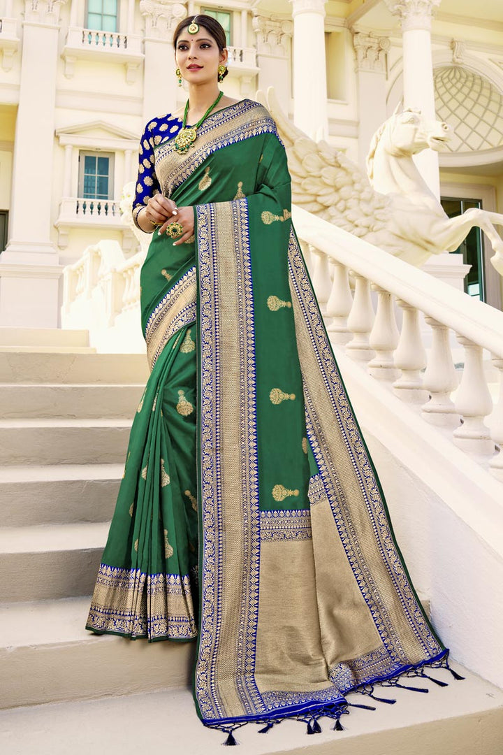 Function Wear Green Color Fancy Art Silk Fabric Weaving Work Saree