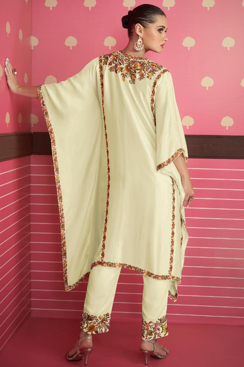 Eugeniya Belousova Fabulous Satin Silk Cream Color Kaftan Style Salwar Suit