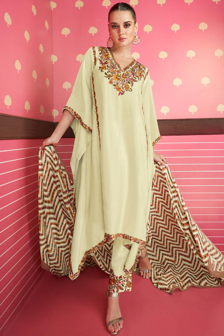 Eugeniya Belousova Fabulous Satin Silk Cream Color Kaftan Style Salwar Suit