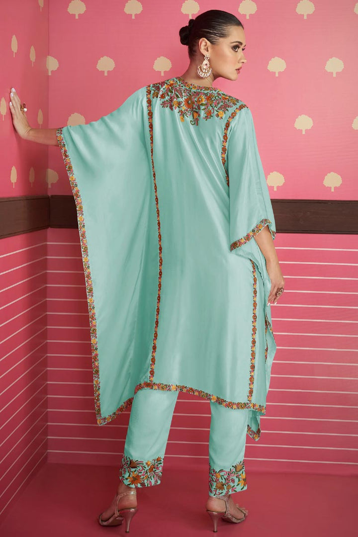 Eugeniya Belousova Light Cyan Color Satin Silk Glamorous Kaftan Style Salwar Suit