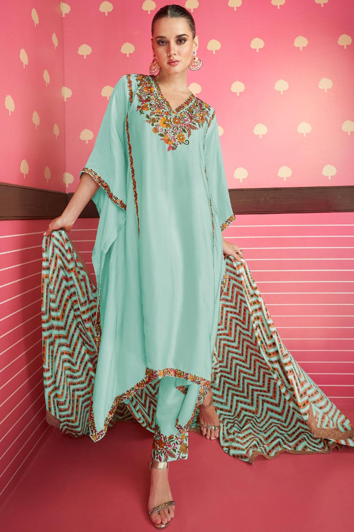 Eugeniya Belousova Light Cyan Color Satin Silk Glamorous Kaftan Style Salwar Suit
