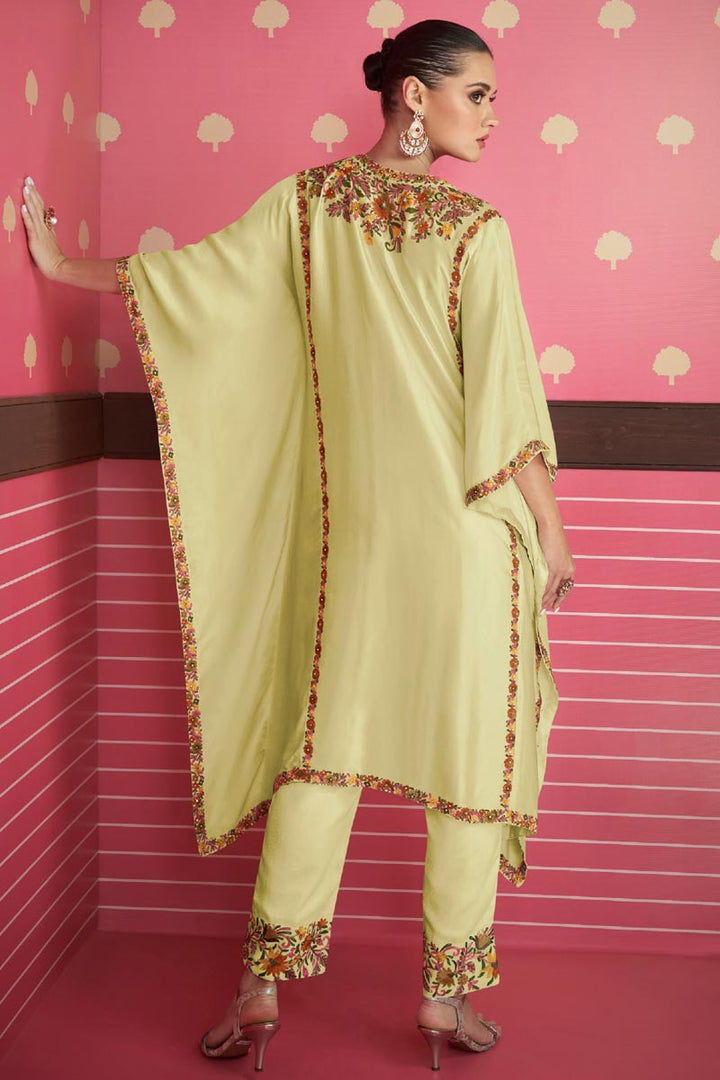Eugeniya Belousova Satin Silk Yellow Color Gorgeous Kaftan Style Salwar Suit