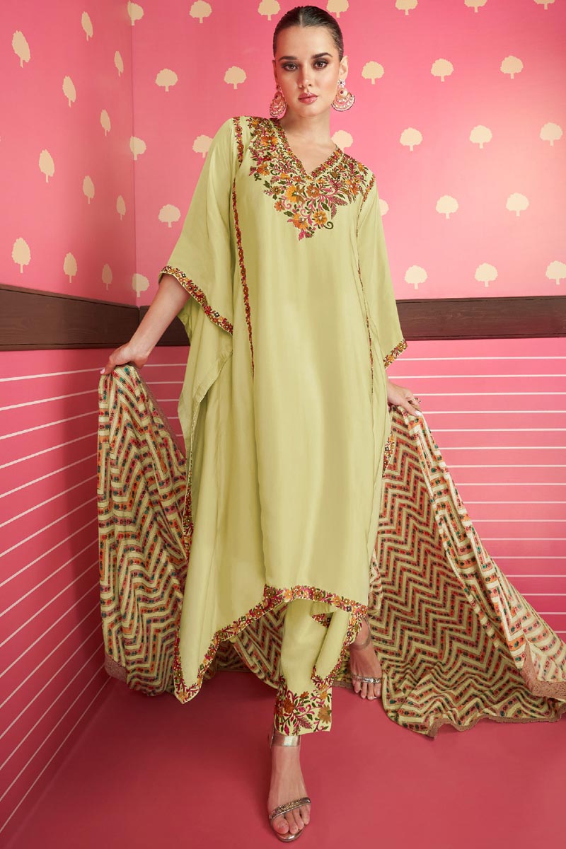 Eugeniya Belousova Satin Silk Yellow Color Gorgeous Kaftan Style Salwar Suit