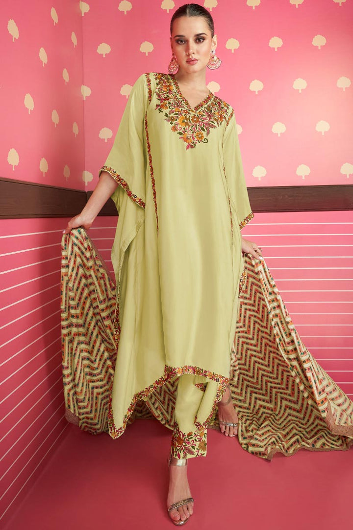 Eugeniya Belousova Satin Silk Yellow Color Gorgeous Kaftan Style Salwar Suit