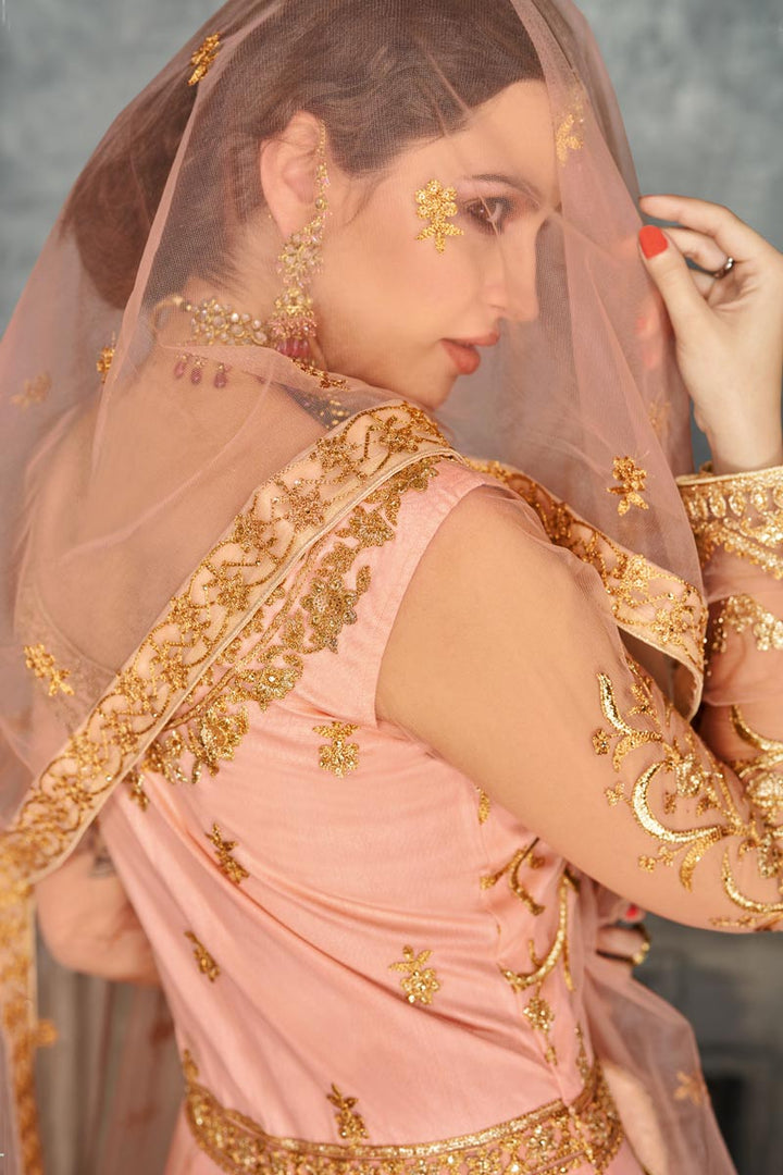 Peach Color Net Fabric Function Wear Embroidered Floor Touch Anarkali Suit