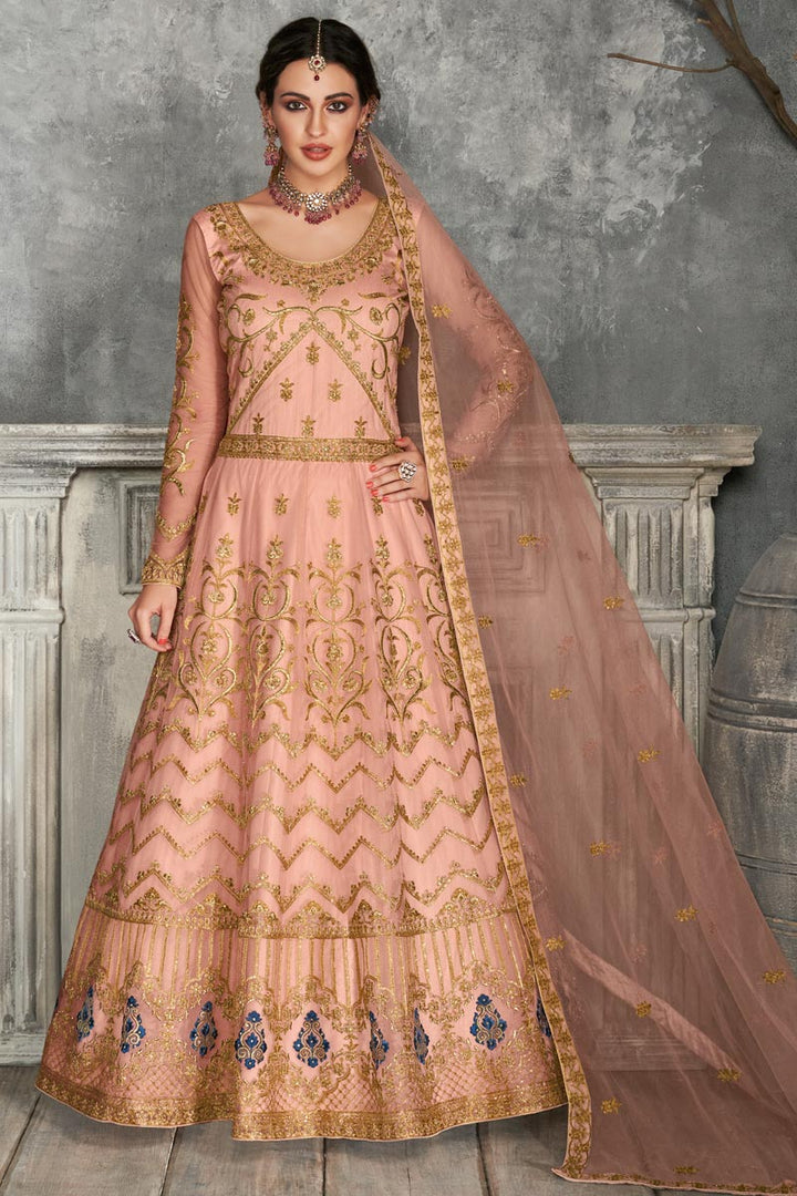 Peach Color Net Fabric Function Wear Embroidered Floor Touch Anarkali Suit