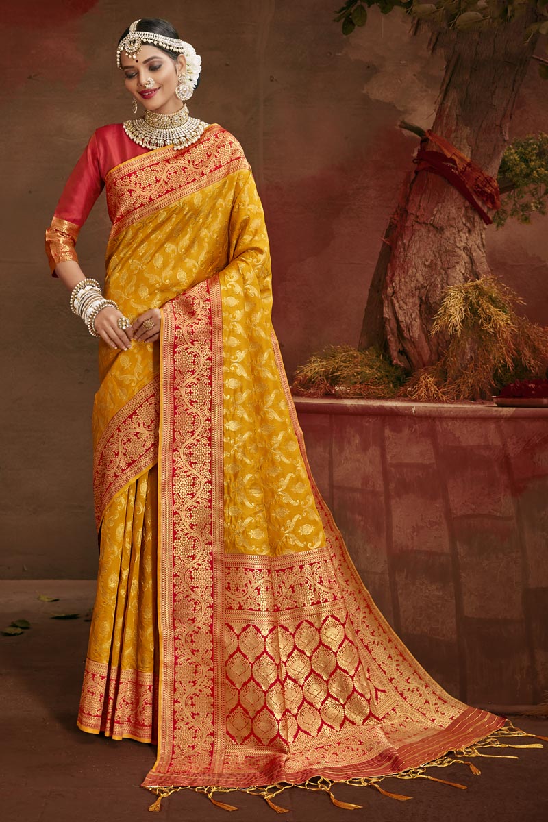 Fancy Art Silk Fabric Puja Wear Mustard Color Weaving Work Saree