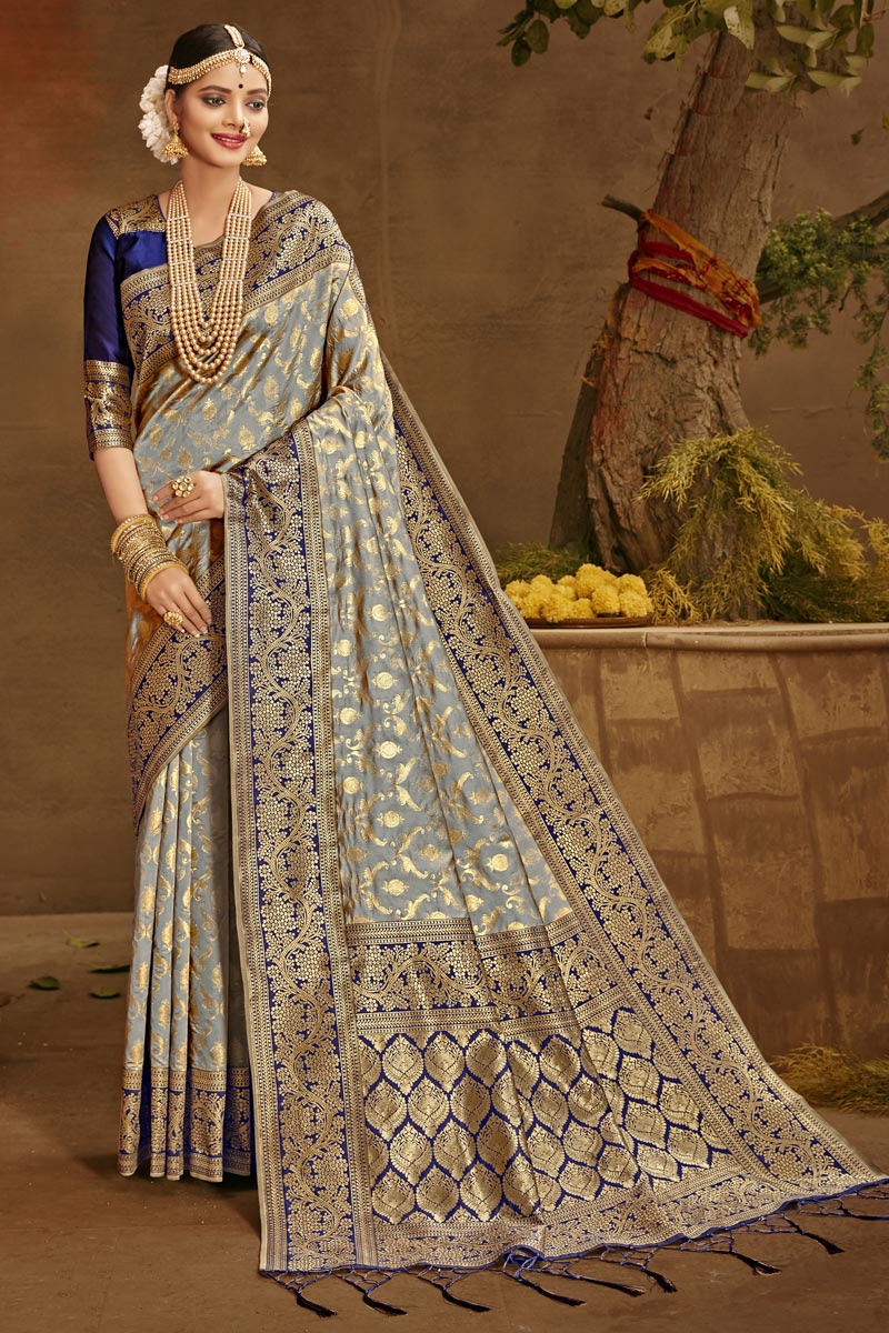 Function Wear Grey Color Fancy Art Silk Fabric Weaving Work Saree
