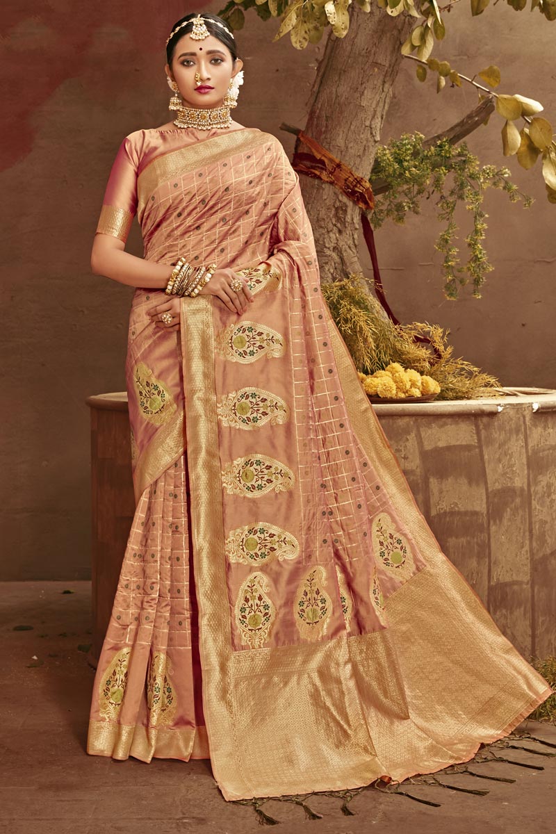 Wedding Wear Art Silk Fabric Fancy Weaving Work Saree In Peach Color