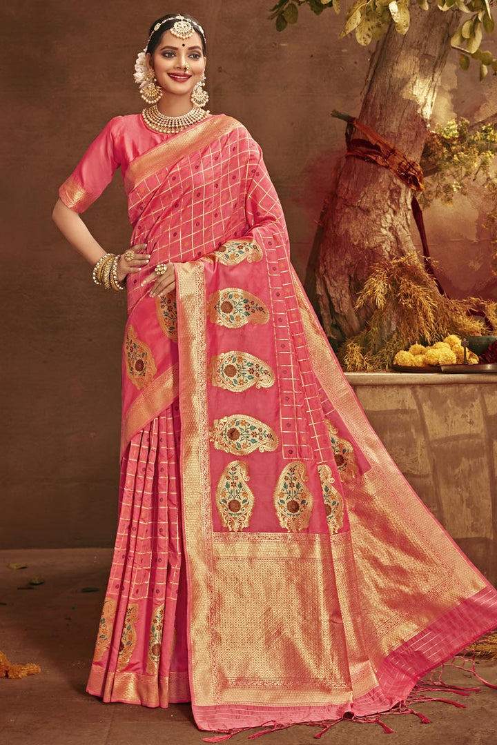 Pink Color Party Wear Art Silk Fabric Fancy Weaving Work Saree