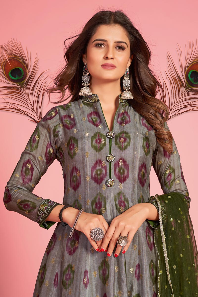 Grey Color Splendid Kalamkari Printed Gown In Art Silk Fabric