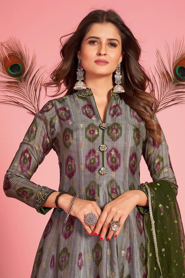 Grey Color Splendid Kalamkari Printed Gown In Art Silk Fabric