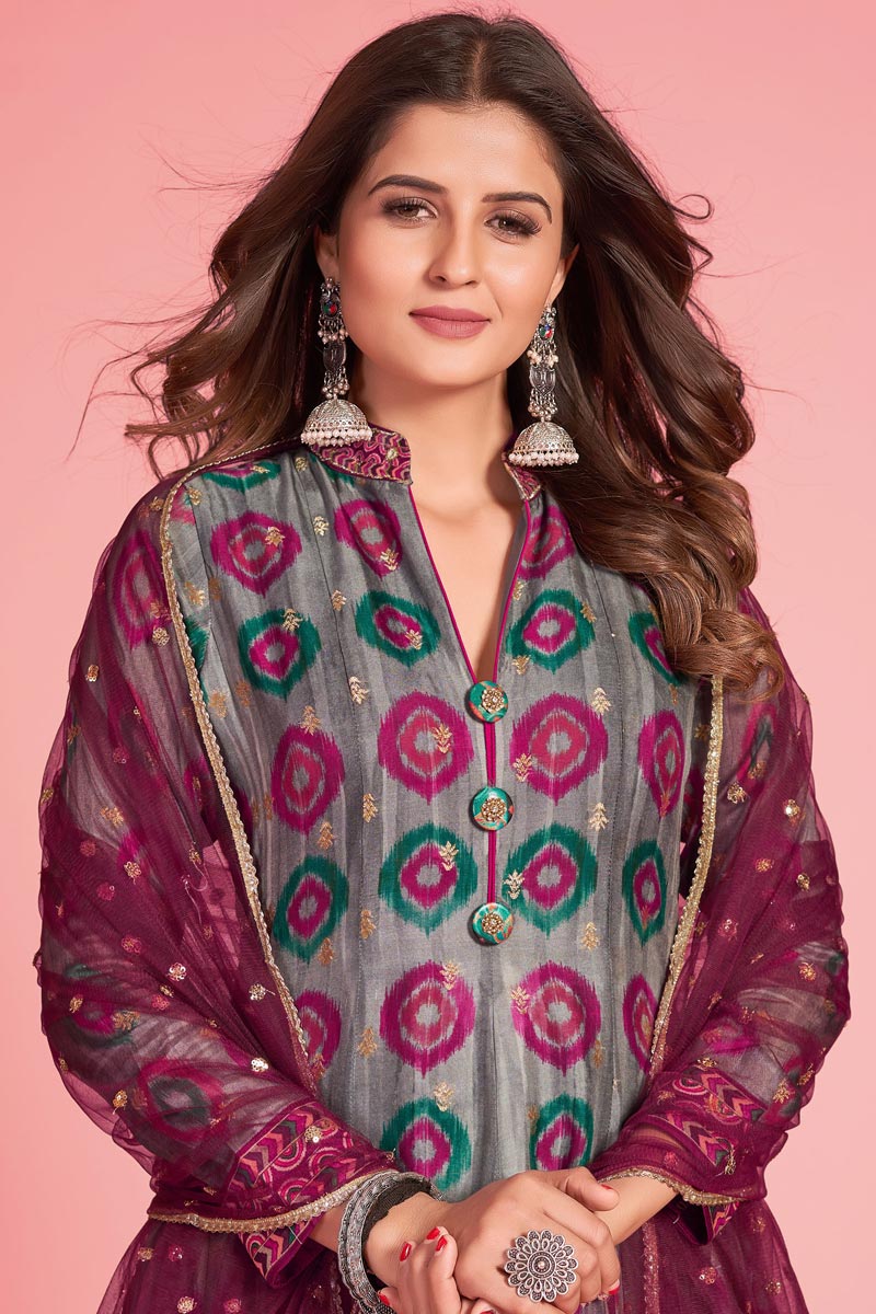 Art Silk Fabric Brilliant Kalamkari Printed Gown In Grey Color