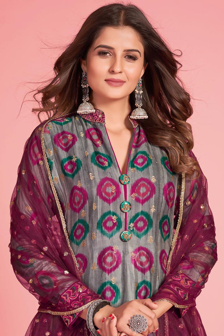 Art Silk Fabric Brilliant Kalamkari Printed Gown In Grey Color