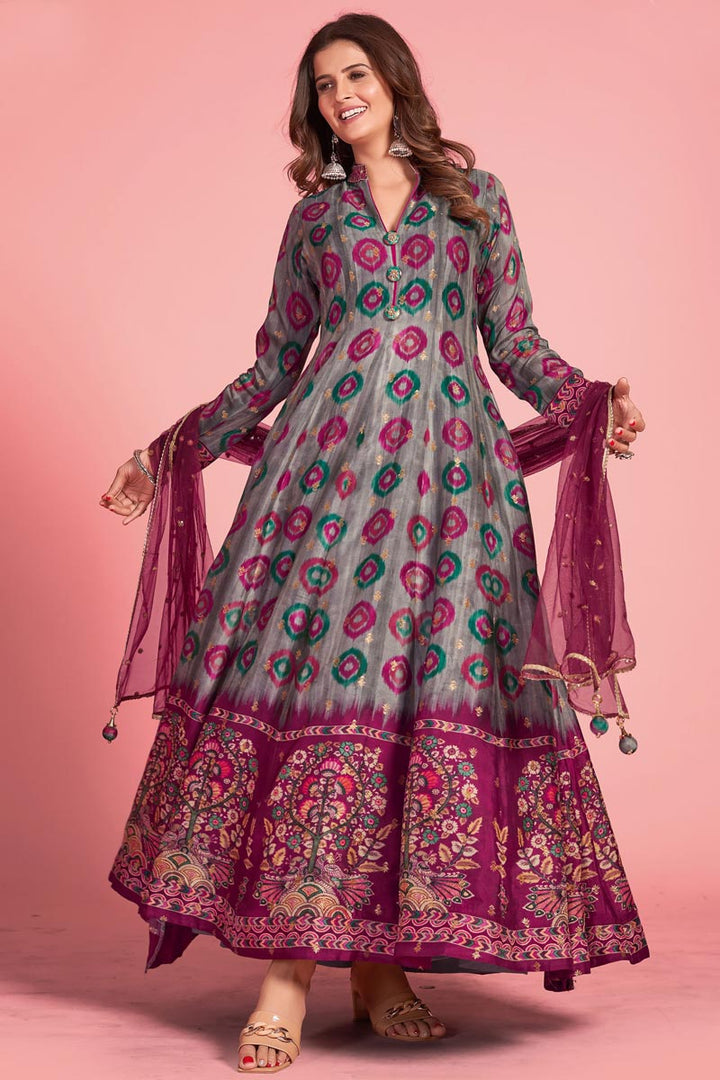 Art Silk Fabric Brilliant Kalamkari Printed Gown In Grey Color