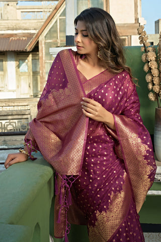 Imposing Organza Fabric Weaving Work Saree In Wine Color