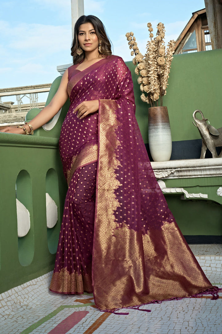 Imposing Organza Fabric Weaving Work Saree In Wine Color