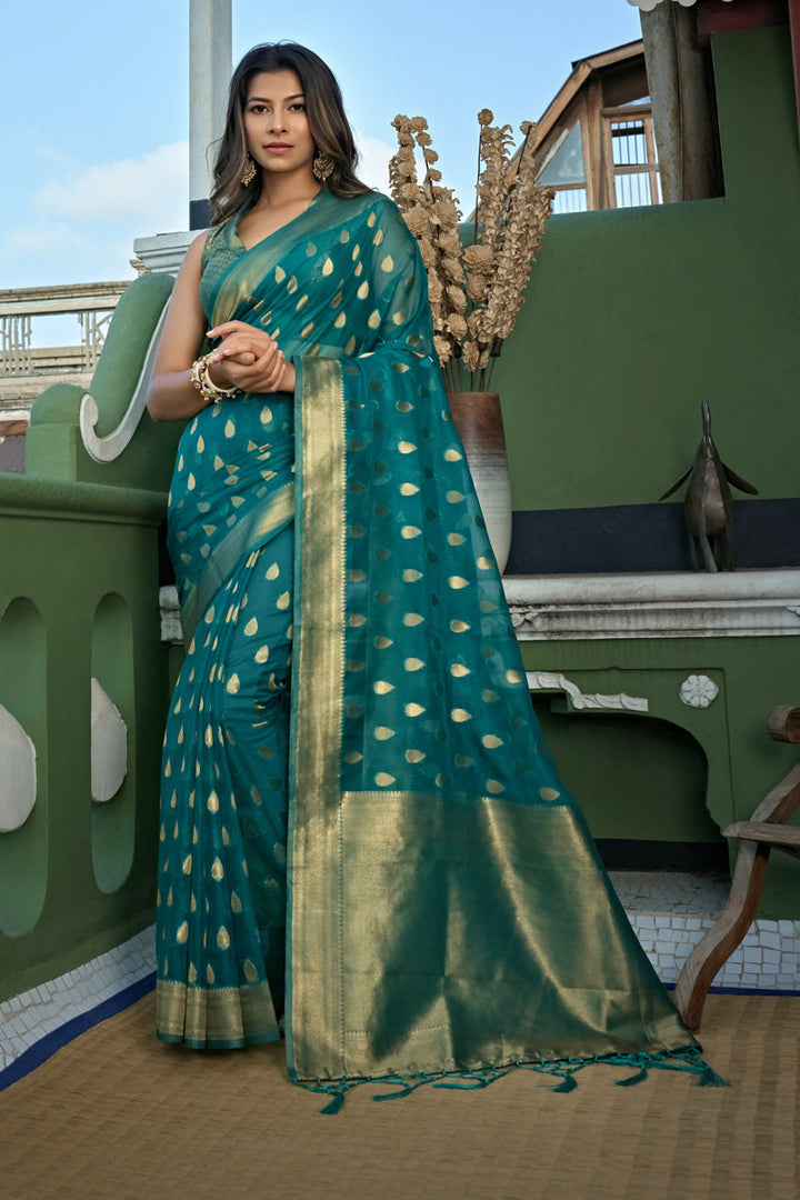 Soothing Organza Fabric Weaving Work Saree In Cyan Color
