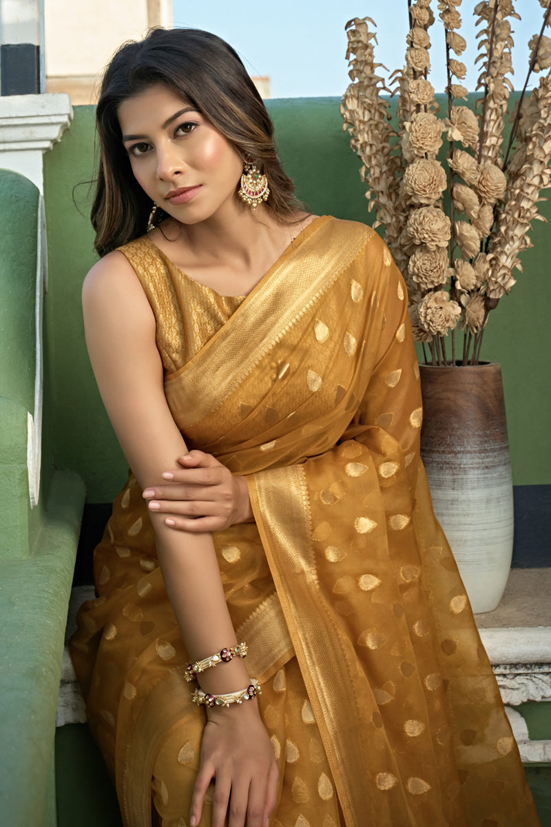 Mustard Color Glorious Organza Fabric Weaving Work Saree