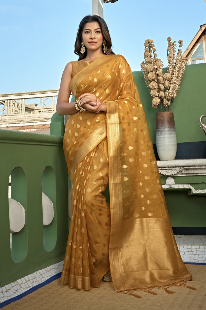 Mustard Color Glorious Organza Fabric Weaving Work Saree