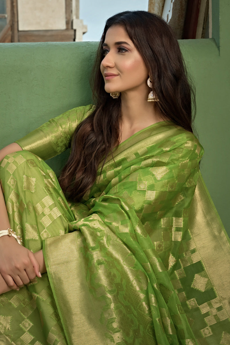 Delicate Green Color Organza Fabric Weaving Work Saree