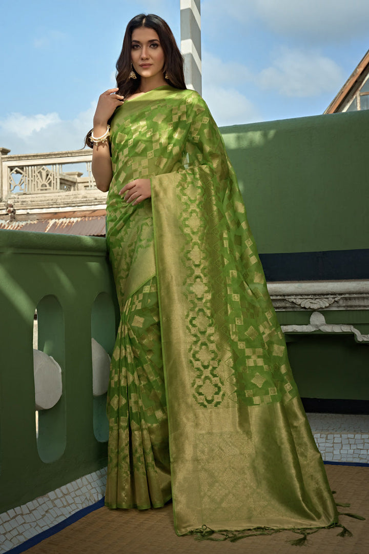 Delicate Green Color Organza Fabric Weaving Work Saree