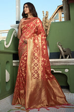 Load image into Gallery viewer, Blazing Red Color Organza Fabric Weaving Work Saree
