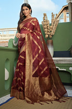 Load image into Gallery viewer, Gorgeous Organza Fabric Maroon Color Weaving Work Saree
