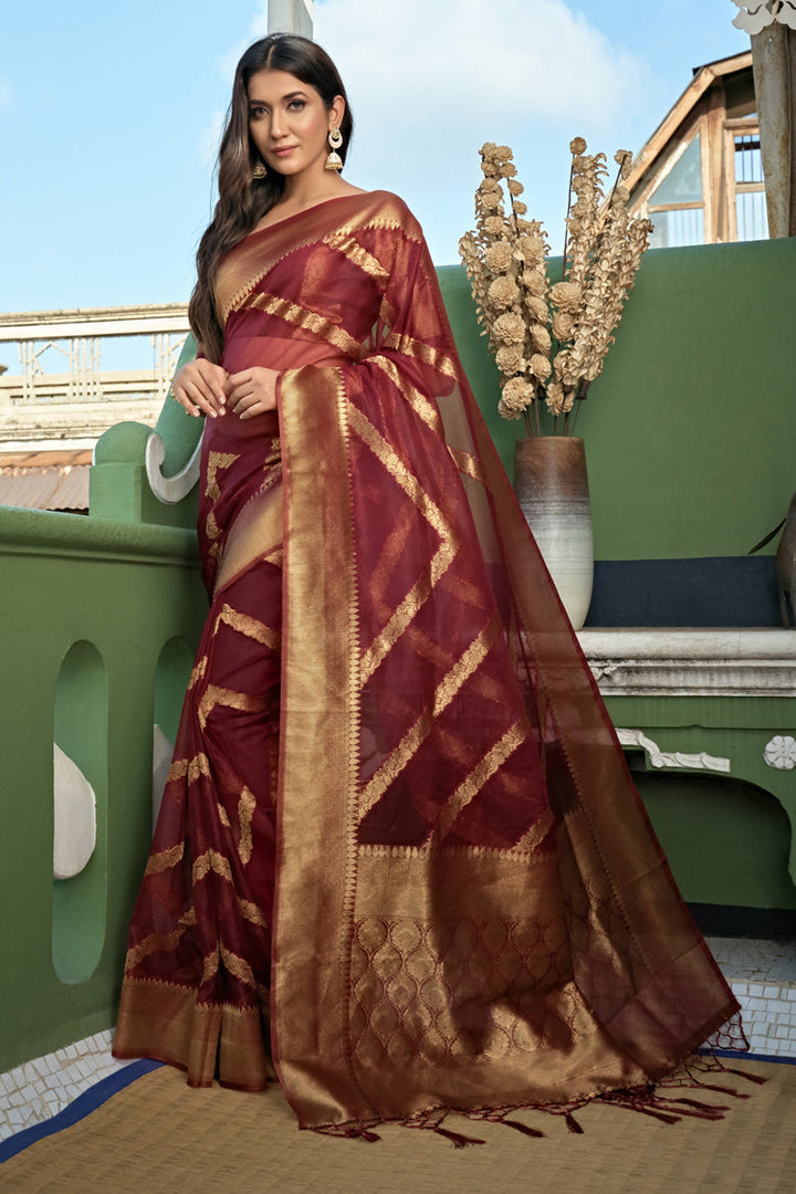 Gorgeous Organza Fabric Maroon Color Weaving Work Saree
