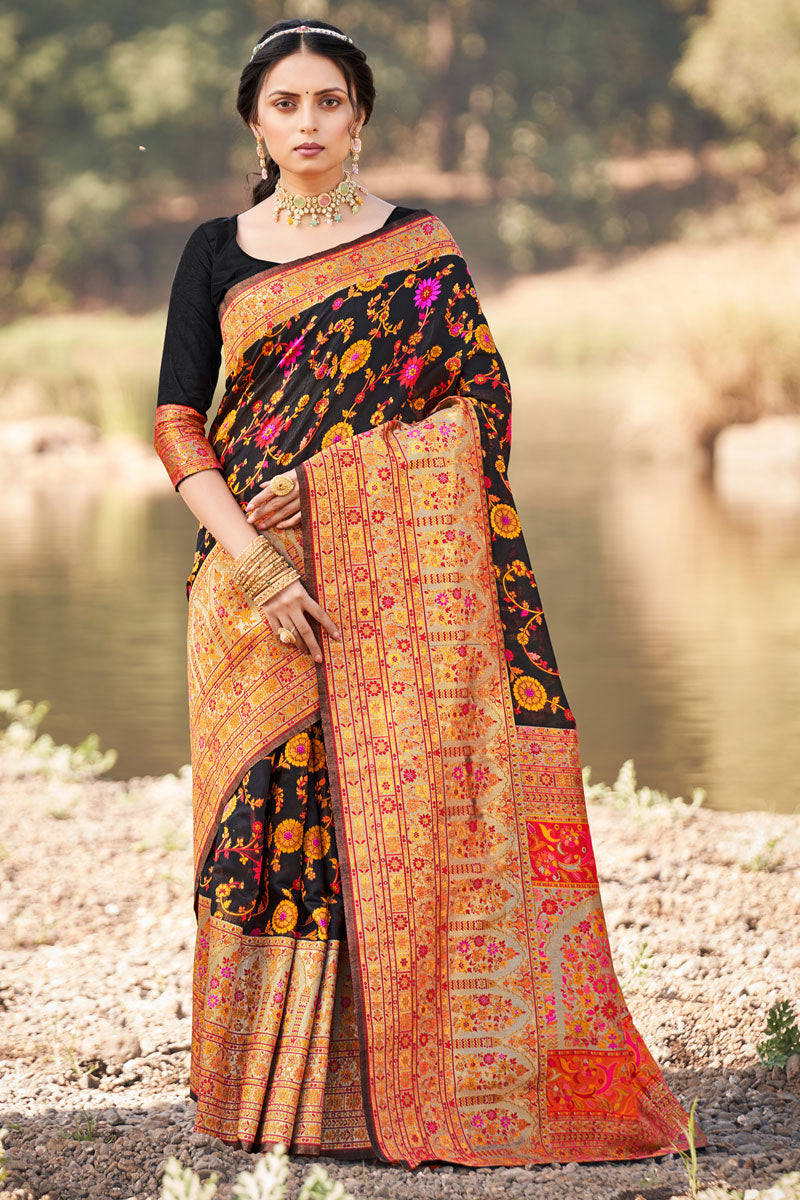 Embellished Weaving Saree In Black Color