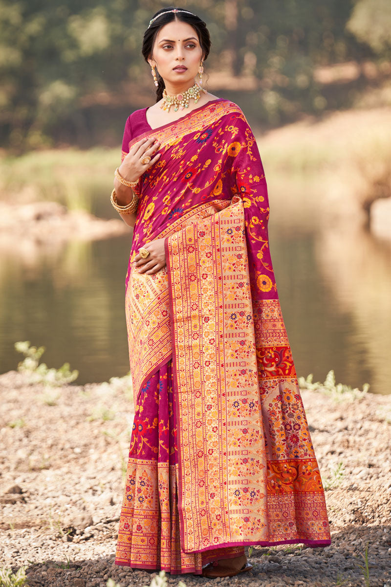 Ravishing Kashmiri Modal Saree In Rani Color