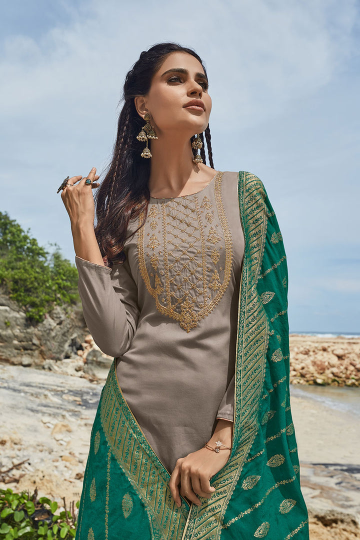 Designer Embroidered Salwar Kameez In Fancy Fabric With Palazzo Style Bottom