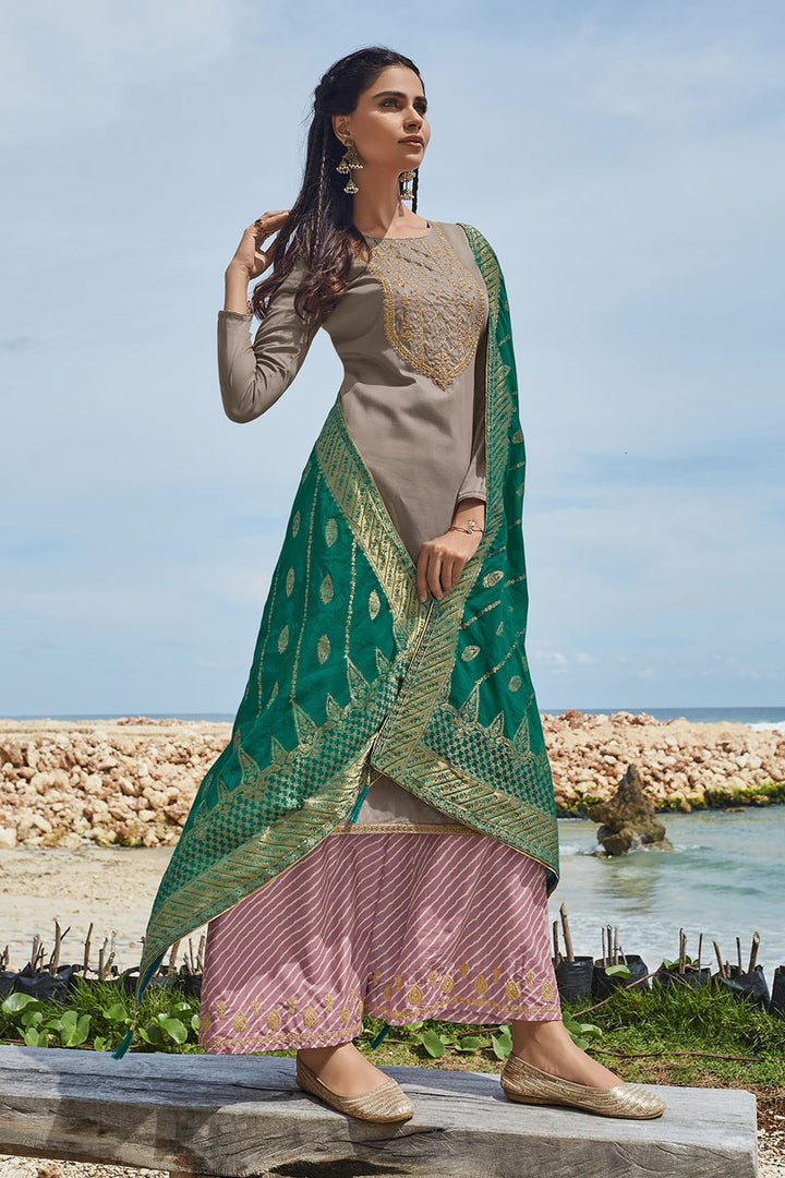 Designer Embroidered Salwar Kameez In Fancy Fabric With Palazzo Style Bottom