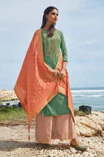 Load image into Gallery viewer, Fancy Fabric Sea Green Color Festive Suit With Embroidery Work And Palazzo Style Bottom