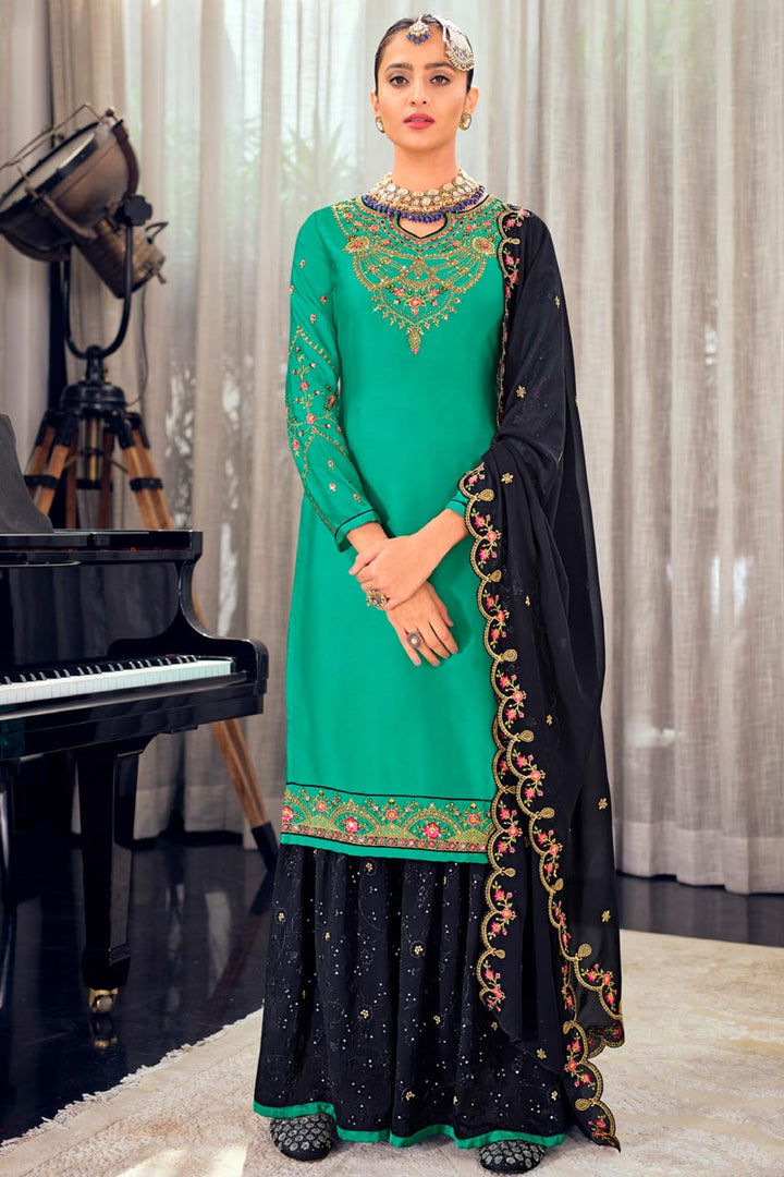 Green Color Georgette Fabric Tempting Sharara Suit