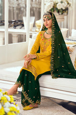 Load image into Gallery viewer, Georgette Fabric Beatific Sharara Suit In Mustard Color
