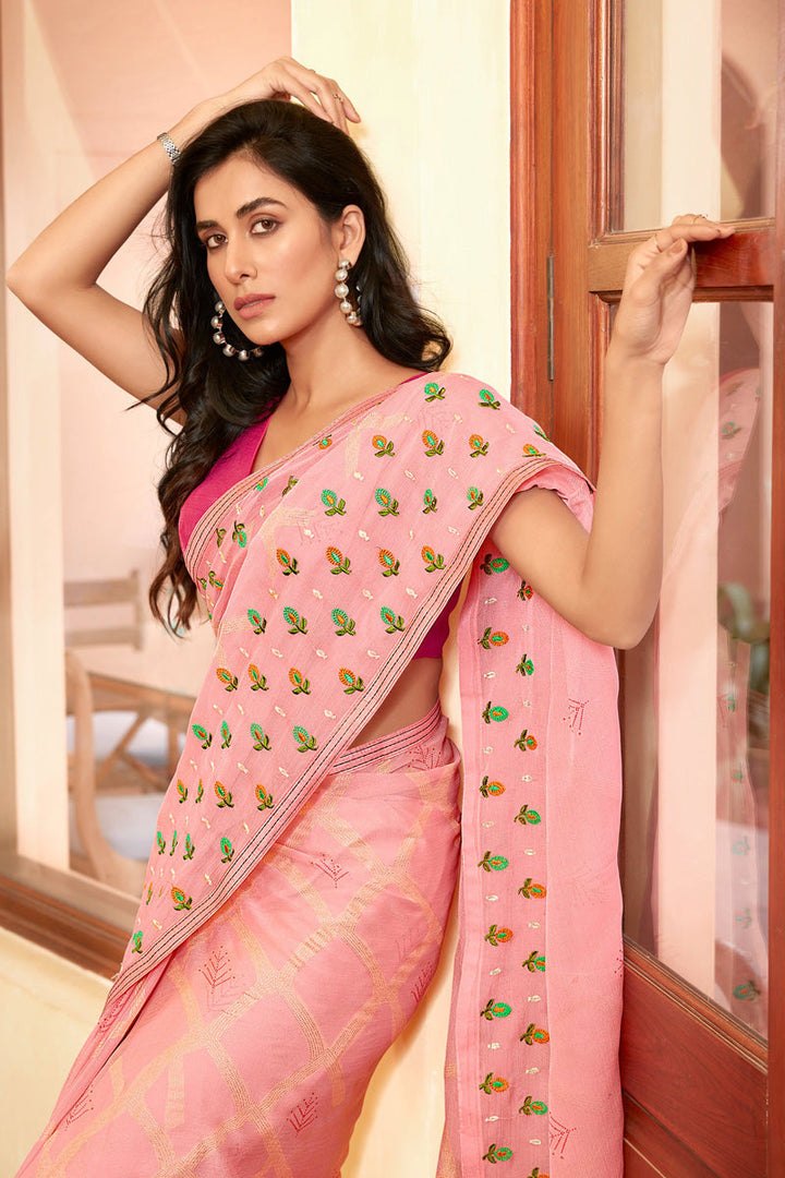 Pink Color Printed Work On Chiffon Fabric Chic Saree