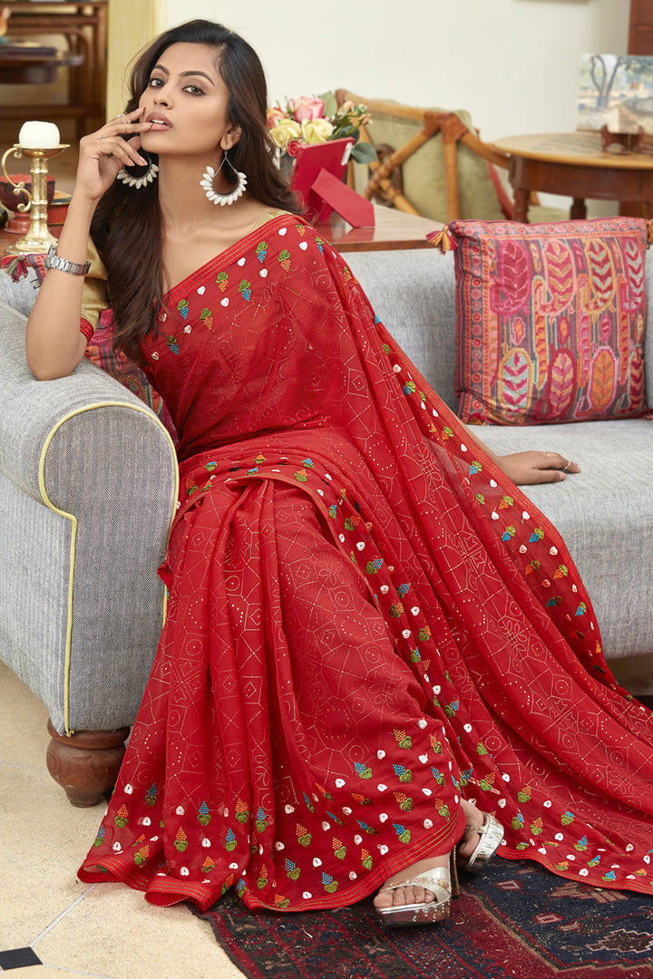 Soothing Printed Work On Red Color Chiffon Fabric Saree