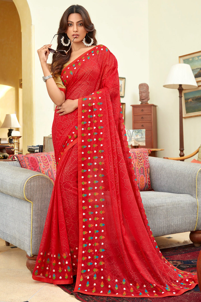 Soothing Printed Work On Red Color Chiffon Fabric Saree
