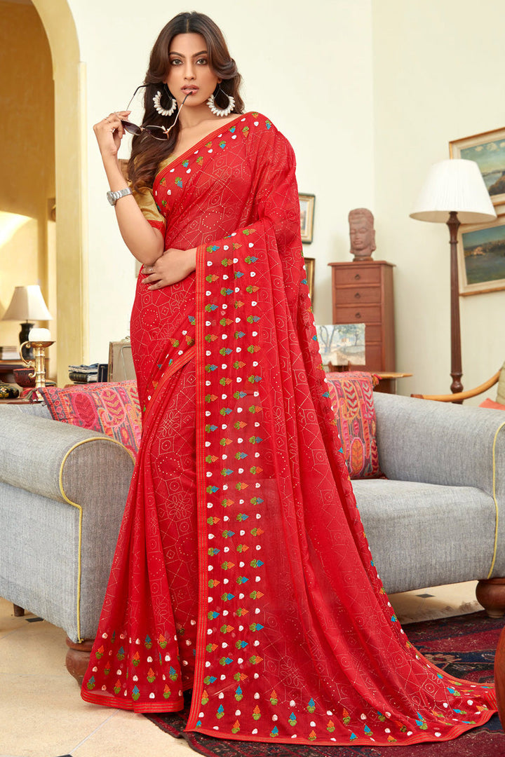 Soothing Printed Work On Red Color Chiffon Fabric Saree