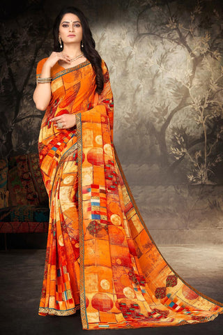 Georgette Fabric Office Wear Orange Color Printed Saree