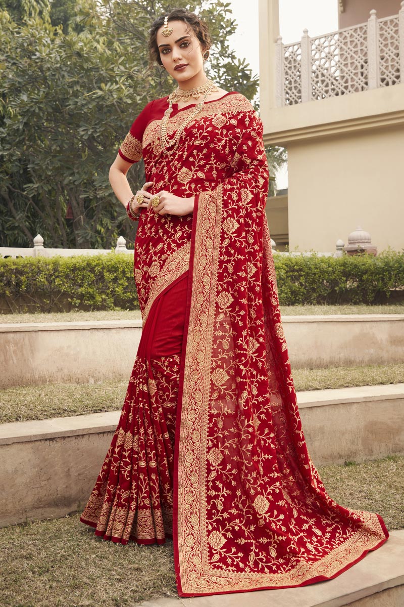 Party Wear Stylish Saree In Red Color Art Silk Fabric