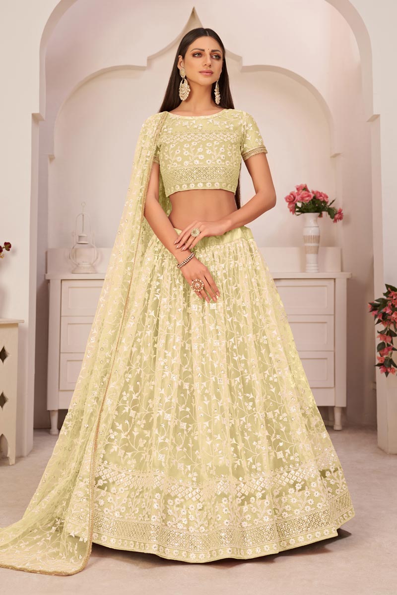 Yellow Color Net Fabric Lehenga Choli With Beautiful Embroidered Work In Sangeet Wear