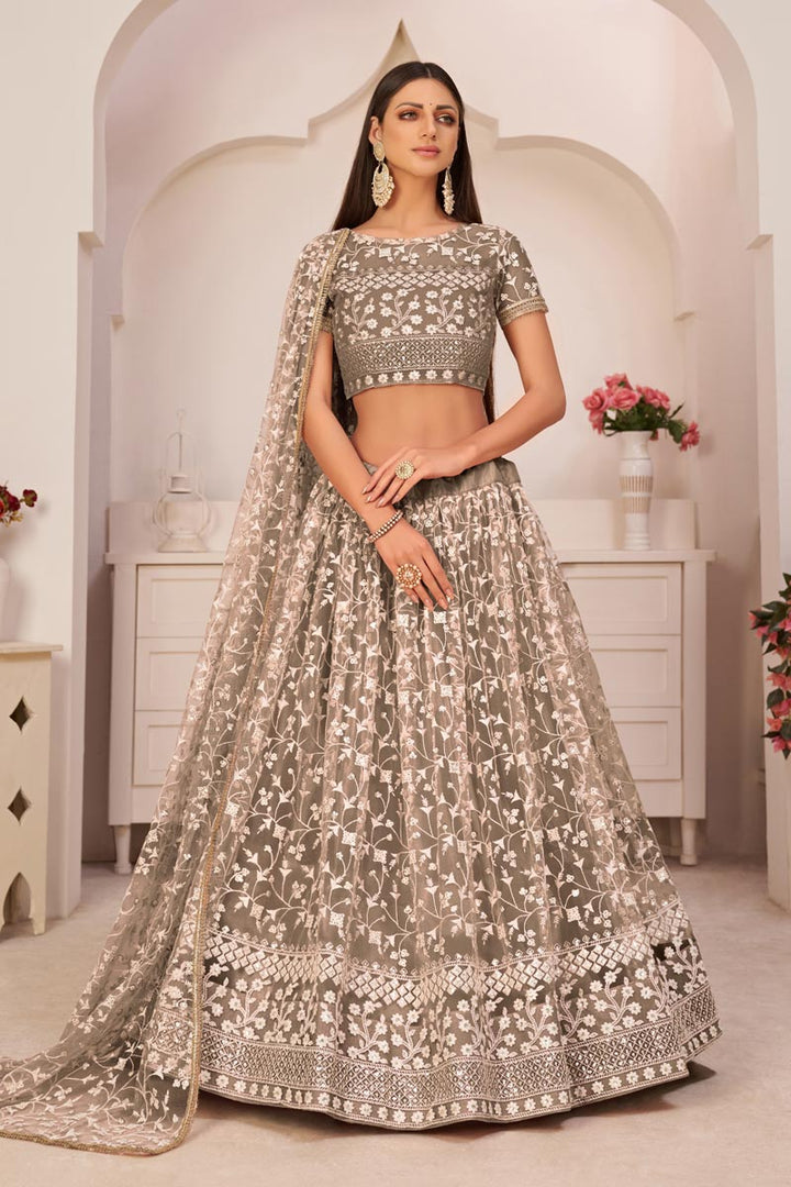 Chikoo Color Sangeet Wear Net Fabric Lehenga Choli With Tempting Embroidered Work