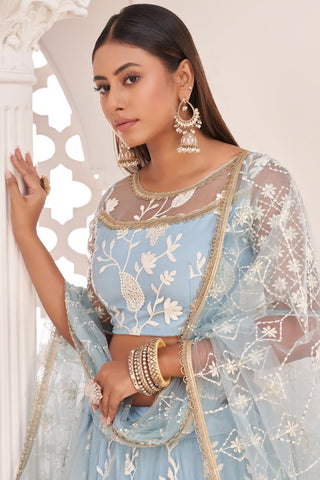 Sangeet Wear Net Fabric Light Cyan Color Luminous Embroidered Lehenga