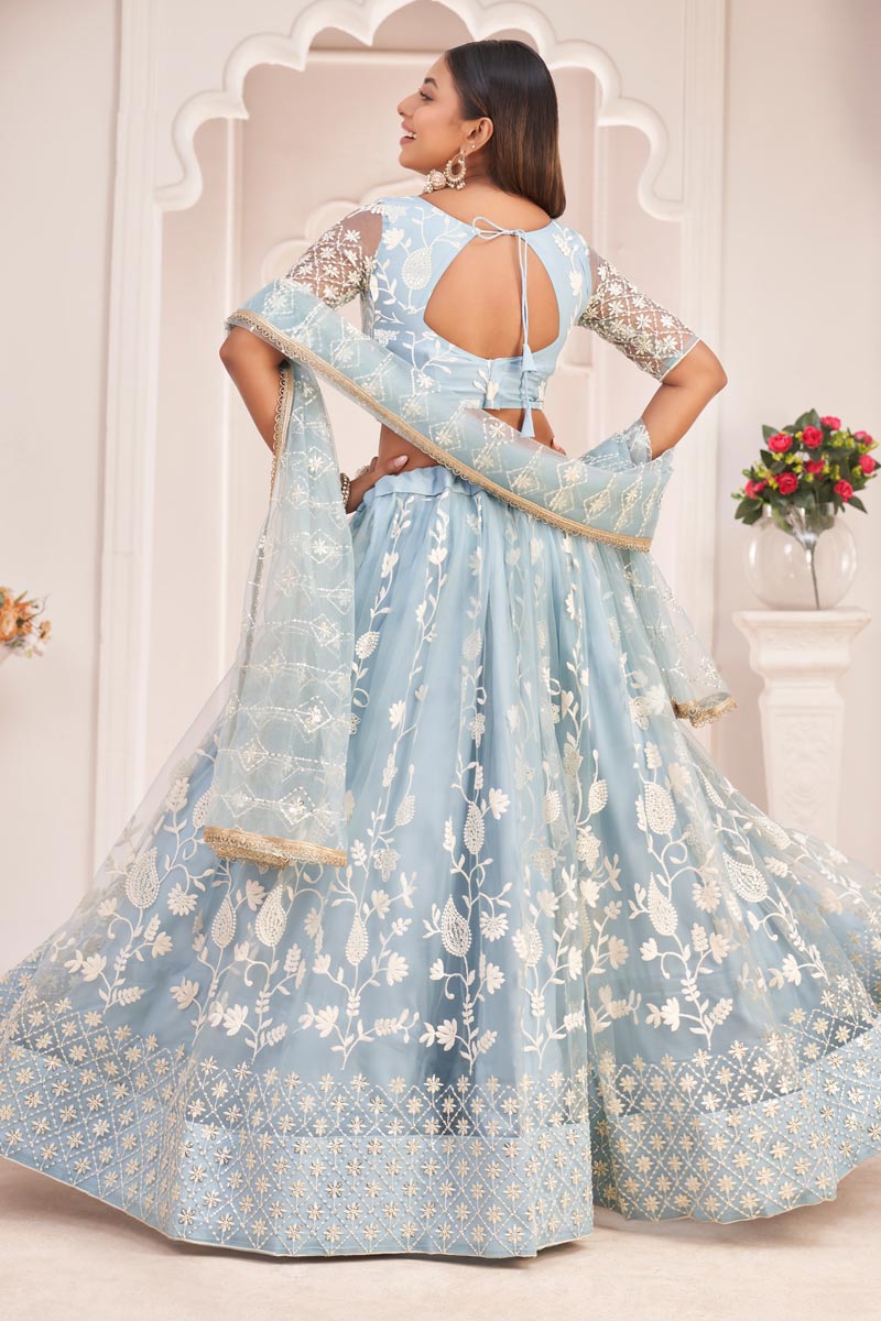 Sangeet Wear Net Fabric Light Cyan Color Luminous Embroidered Lehenga