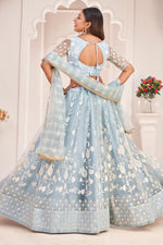 Load image into Gallery viewer, Sangeet Wear Net Fabric Light Cyan Color Luminous Embroidered Lehenga

