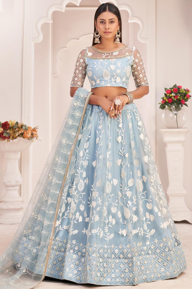 Sangeet Wear Net Fabric Light Cyan Color Luminous Embroidered Lehenga