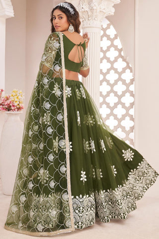 Green Color Net Fabric Sangeet Wear Charismatic Embroidered Lehenga