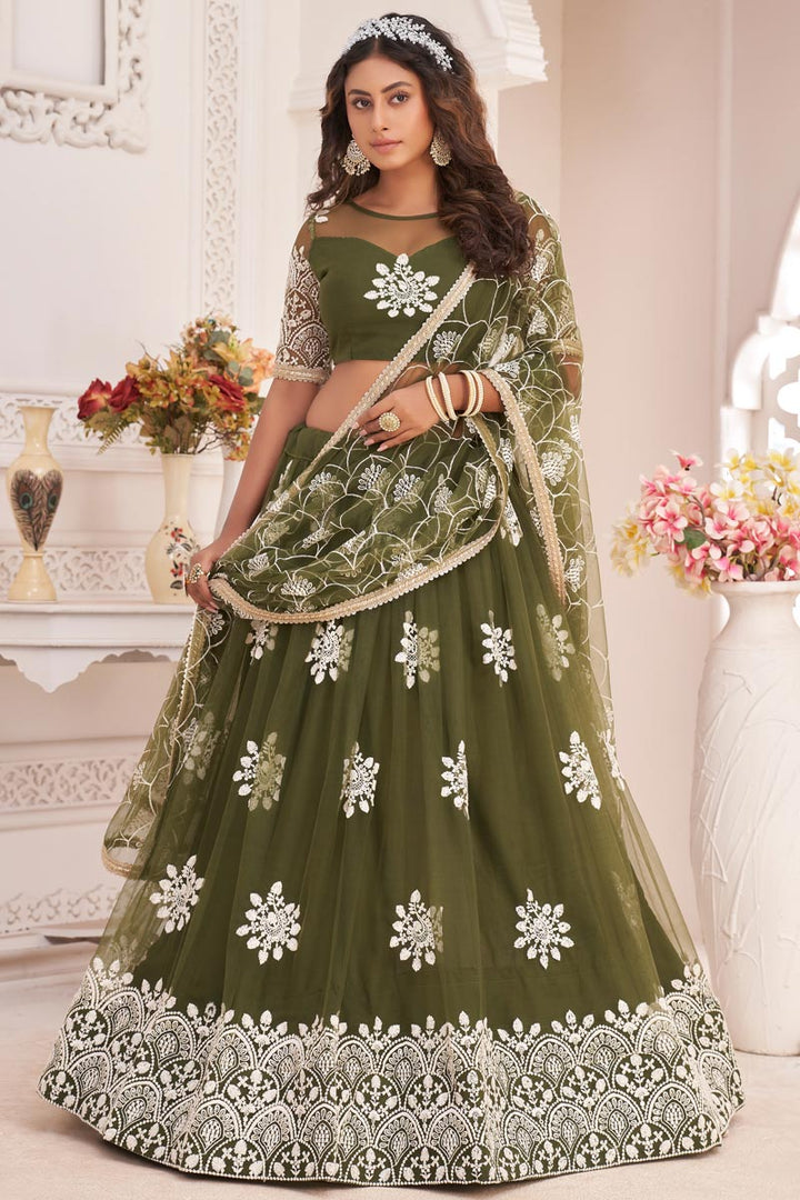 Green Color Net Fabric Sangeet Wear Charismatic Embroidered Lehenga